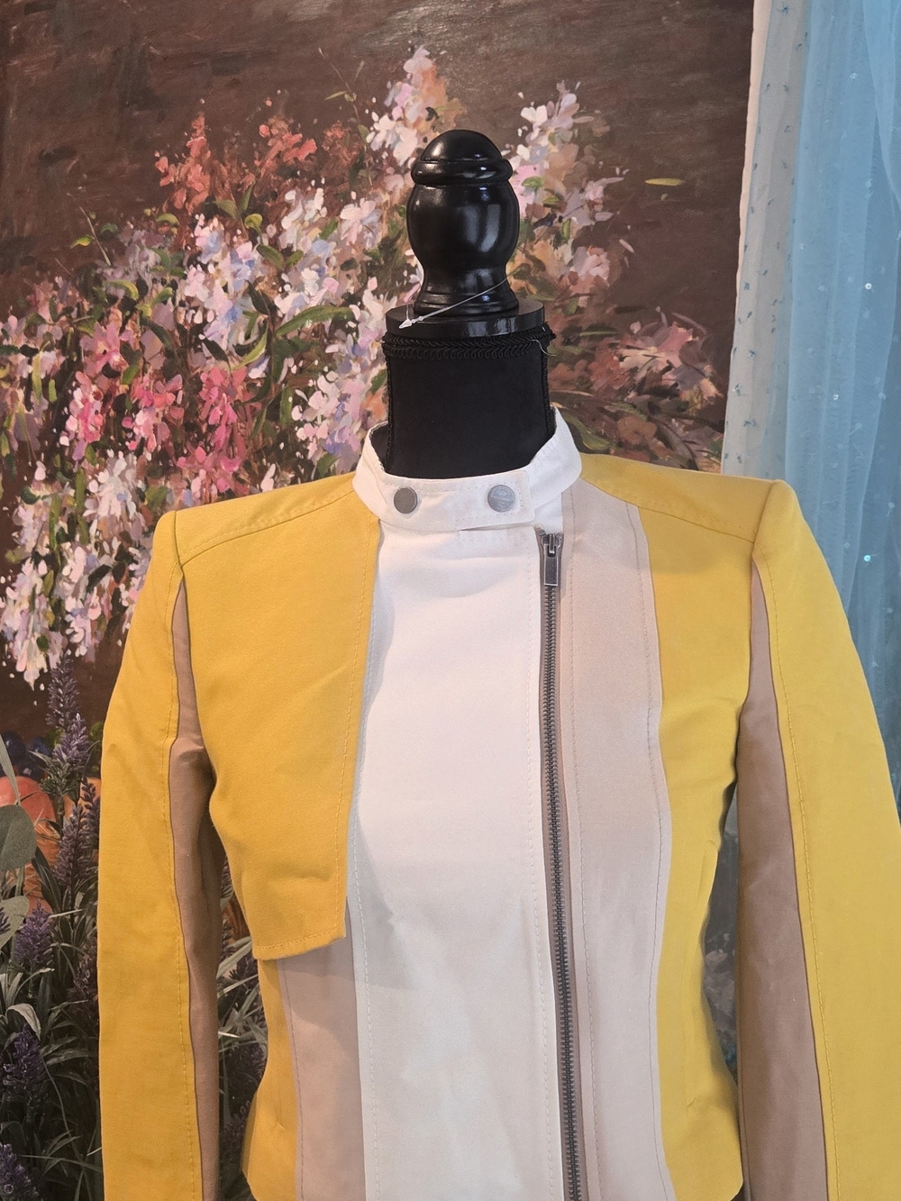 BCBGMaxAzria Yellow and Cream Colorblock Bomber Jacket